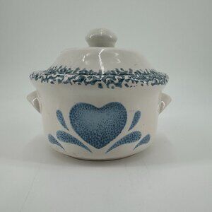 Vintage Blue Heart Lidded Ceramic Crock Pot - Microwave & Dishwasher Safe